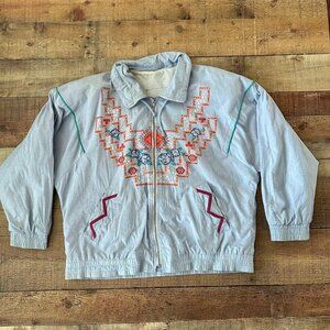 Vintage Western Print Faux Denim Full Zip Up Jacket